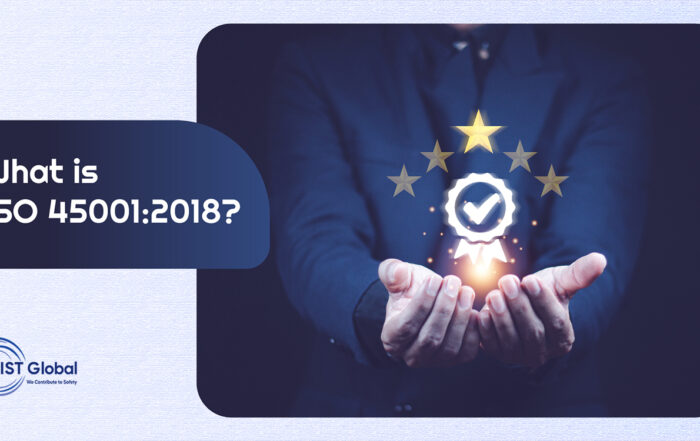 ISO 45001 2018, the international standard for Occupational Health and Safety Management Systems, with icons of safety, compliance, and workforce protection.