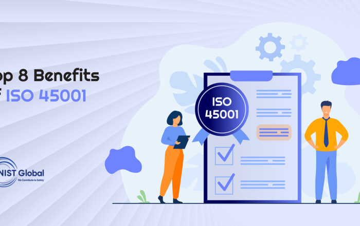 top 8 benefits of ISO 45001 2018 Occupational Health and Safety Management System (OHSMS), including improved workplace safety, risk reduction, and legal compliance.