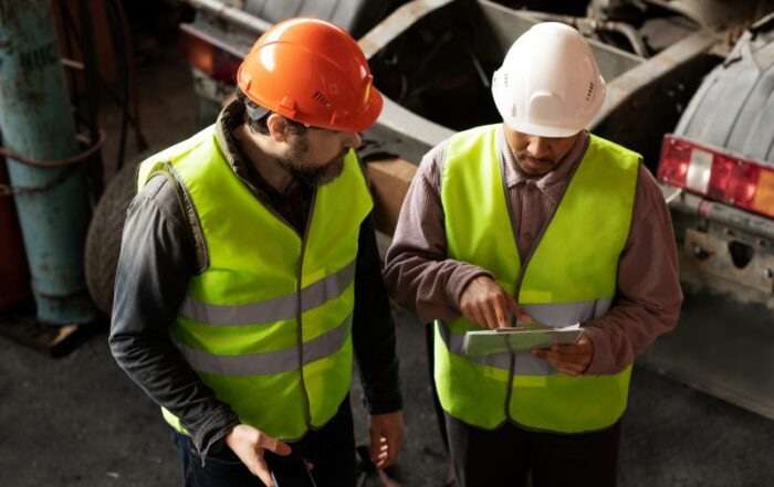 Workers reviewing safety procedures on-site as part of safety culture transformation.